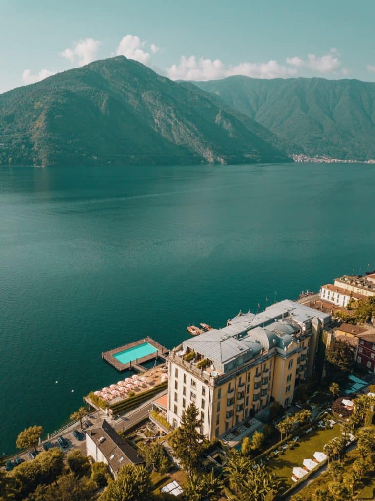 an aerial photo of the grand hotel tremezzo on lake como