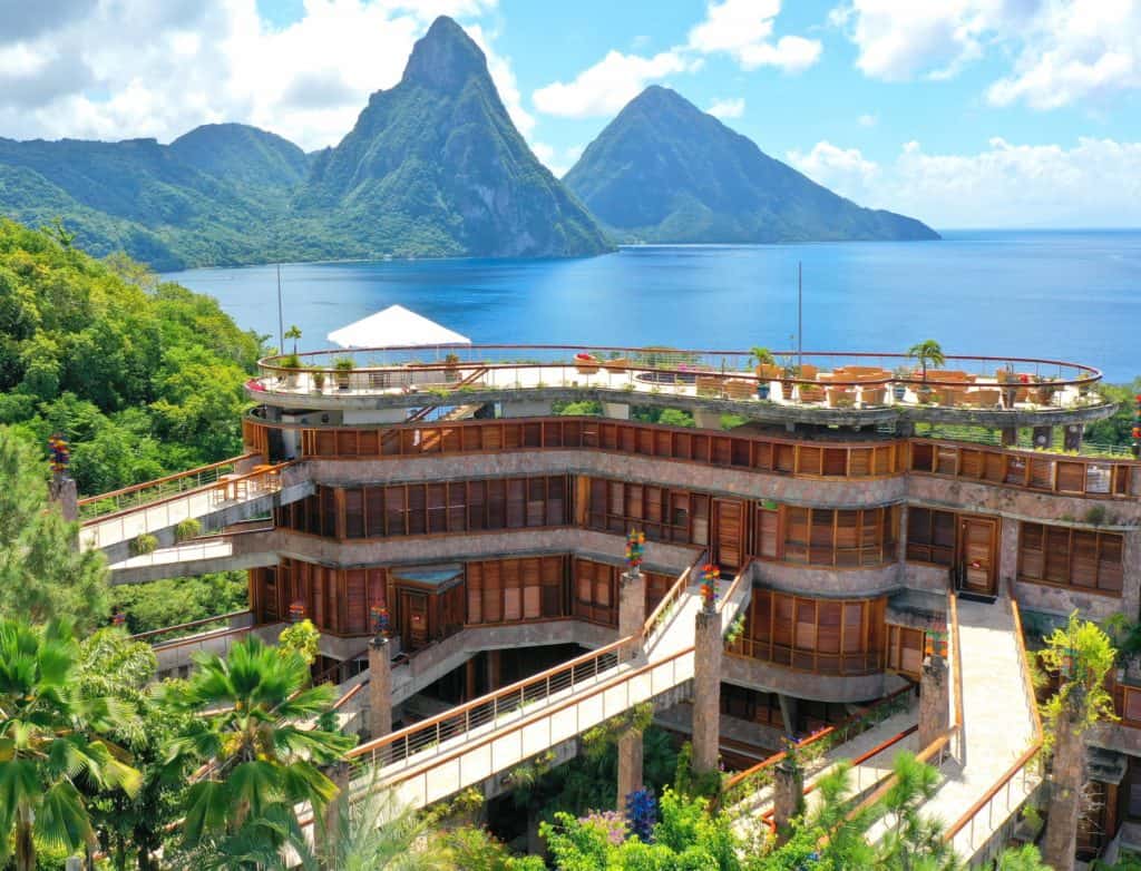 an exterior view of Jade Mountain Resort in St. Lucia.