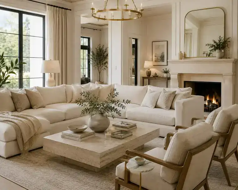 Cozy neutral living room with a linen sofa and warm woven textures